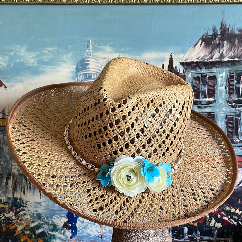 New Olive & Pique Esme Structured Straw Rancher Hat Embellished Flowers Pearls